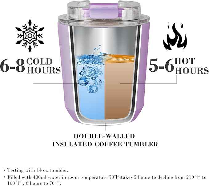 Puraville Insulated Tumblers with Lid, 10 oz Travel Coffee Mug Stainless Steel Vacuum Cup, Leak Proof Reusable Double Walled Coffee Tumbler for Iced and Hot Drinks, Lilac