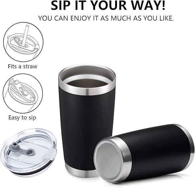 20oz Stainless Steel Vacuum Insulated Travel Mug Tumbler with Lid, Reusable Coffee Cup with Straw & Cleaning Brush, Double Wall Thermal Cup for Hot/Cold Drinks (Black)