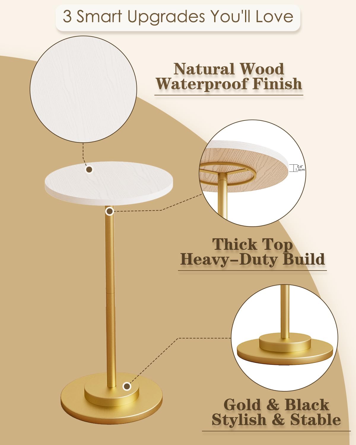 Masupu Drink Table, Round Side Table for Small Spaces, Pedestal Side Table, Small End Table with Metal Base, for Living Room, Bedroom, Bathroom, White Gold