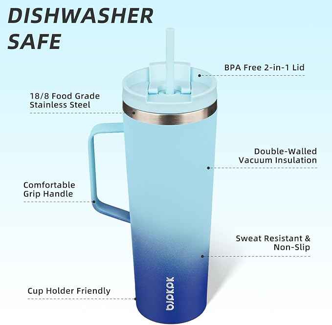 BJPKPK Insulated Tumbler with Handle, 30oz Insulated Tumblers with Lid and Straw, Stainless Steel Metal Water Bottles, Coffee Travel Mugs, Cups, Sky