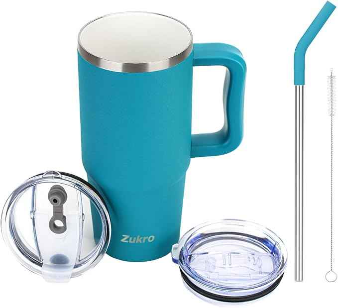 Zukro 24 oz Ceramic Lined Tumbler with Handle and Straw, No Metal Taste, Insulated Stainless Steel Coffee Mug with Spill Proof Lids for Home/Office, No Sweat, Keep Drinks Hot or Cold, Teal