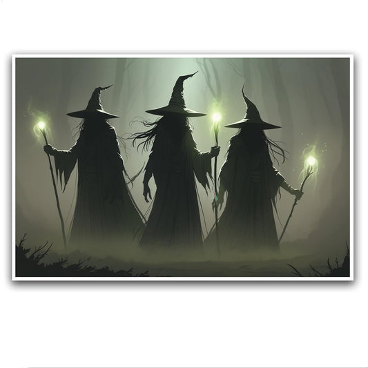 JFHCQJPK Vintage 3 witches canvas wall decor melancholy dark Halloween poster wall decor holding a staff print Gothic horror Halloween painting print for living room bedroom32x48in Frameless