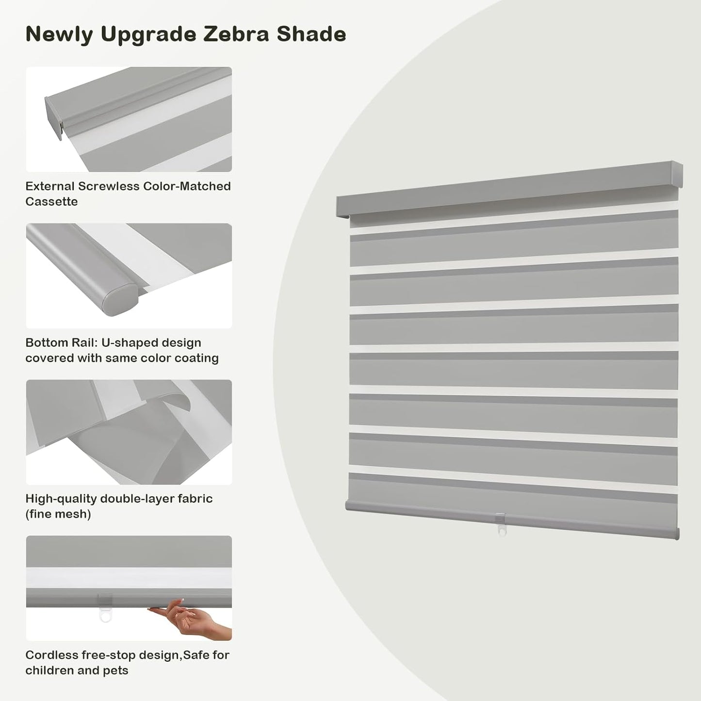 Cordless Zebra Blinds for Windows,Free-Stop Roller Zebra Shades,Light Filtering Blinds for Indoor Windows with Upgraded Cassette,Pull Down Privacy Window Shades for Home (31" W x 72" H, Grey)