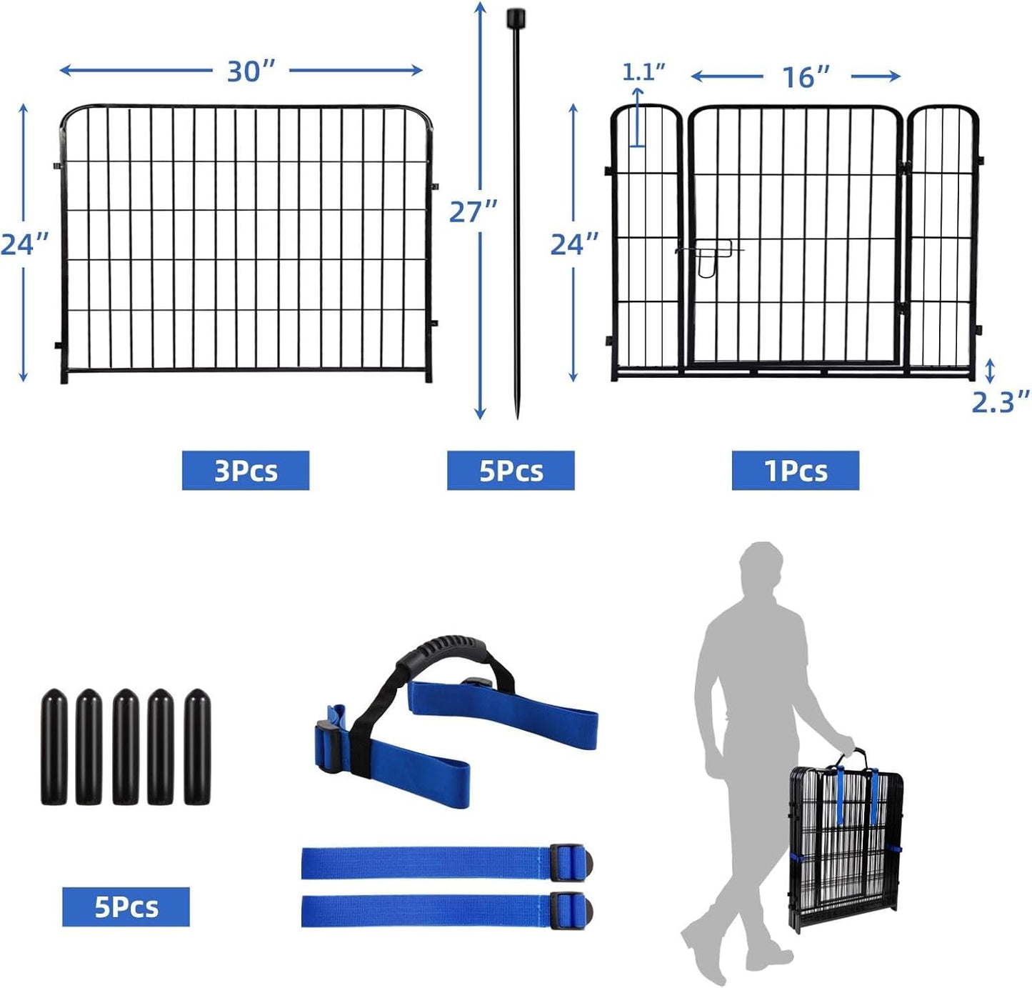 ADAVIN 24 in(H) Garden Fence with Gate, 4 Panels Total 9.8 Ft(L), Heavy Duty Iron Metal Animal Barrier Fence, Camping Fence, No Dig Garden Border Fencing for Yard