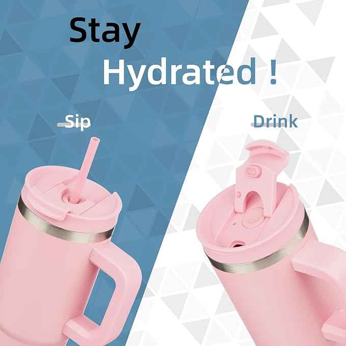 Konokyo 30 oz Tumbler with Handle and 2 Straws,2 in 1 Lid Insulated Water Bottle Stainless Steel Travel Coffee Mug,Pink