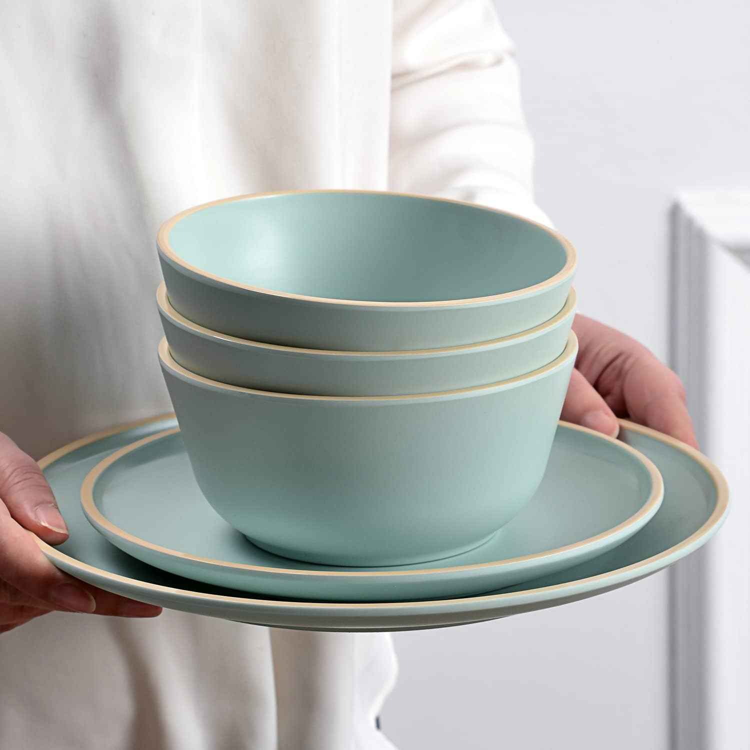 Melamine Dinnerware Sets, Plates and Bowls Sets 12 Pcs, Melamine Plates, Dish Set for 4, Unbreakable Dinnerware Set for Party, BPA Free, Suitable Indoors and Outdoors (Mint Green)
