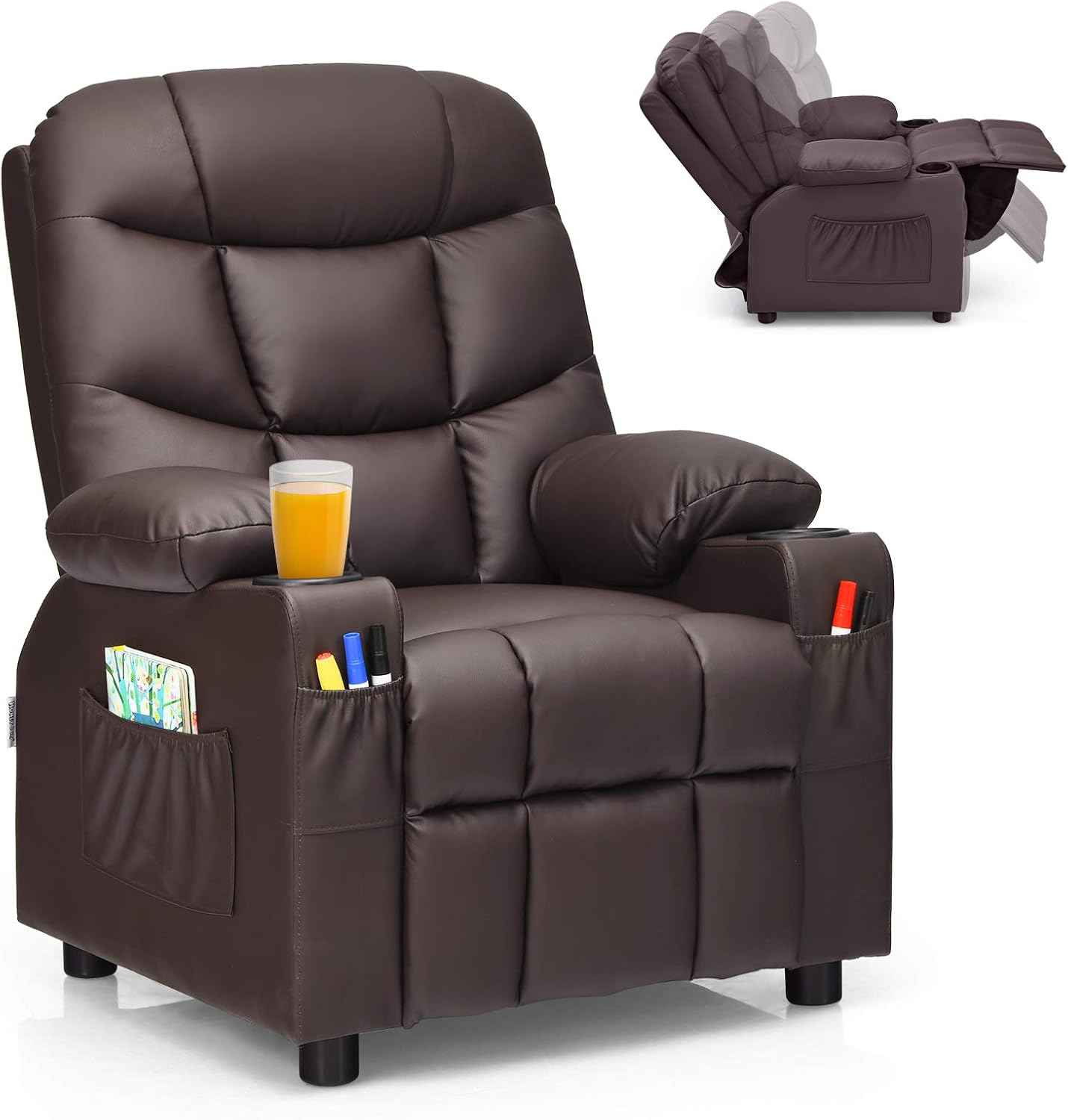 Costzon Kids Recliner Chair with Cup Holder, Adjustable Leather Lounge Chair w/Footrest & Side Pockets for Children Boys Girls Room, Ergonomic Toddler Furniture Sofa, Kids Recliner (Brown)