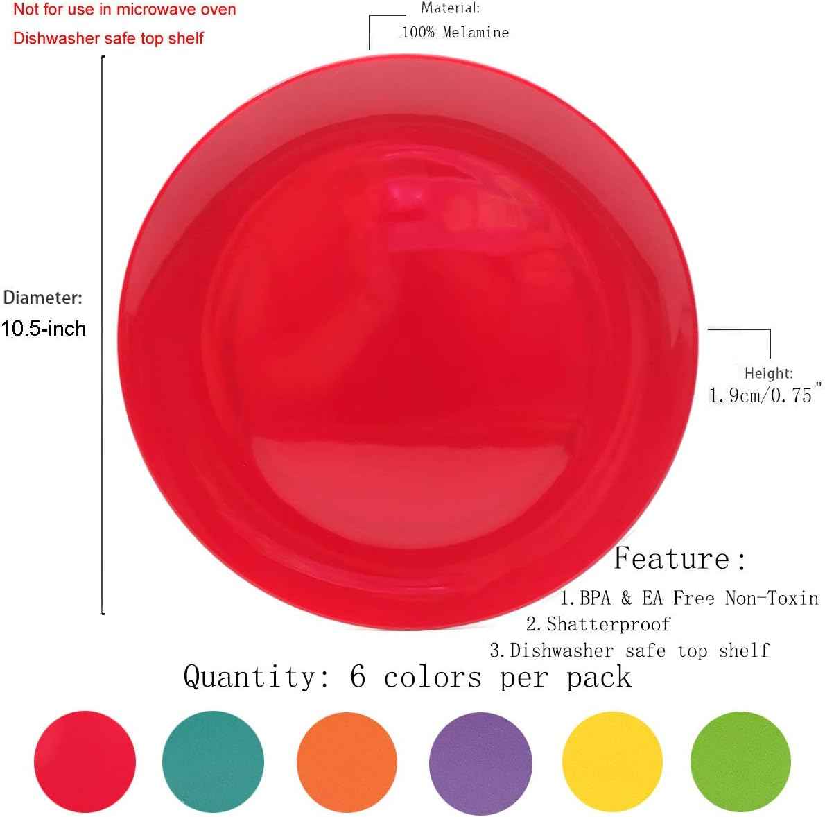 KOXIN-KARLU Melamine Plates, 10.5-inch Dinner Plates Dinnerware Dish, set of 6 in 6 Assorted Colors | 100% Melamine, Dishwasher Safe, BPA Free