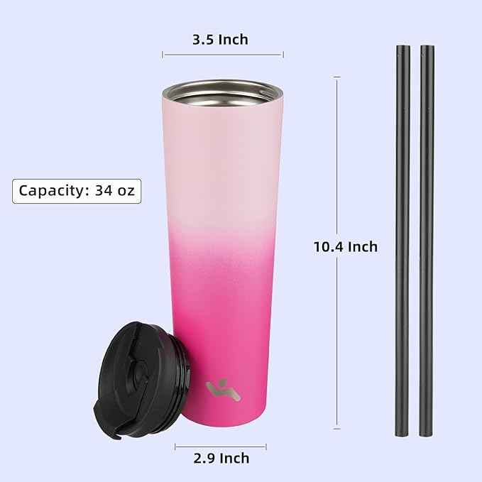Konokyo 34 OZ Insulated Tumbler with Lid and 2 Straws Stainless Steel Water Bottle Vacuum Travel Mug Coffee Cup,Cherry