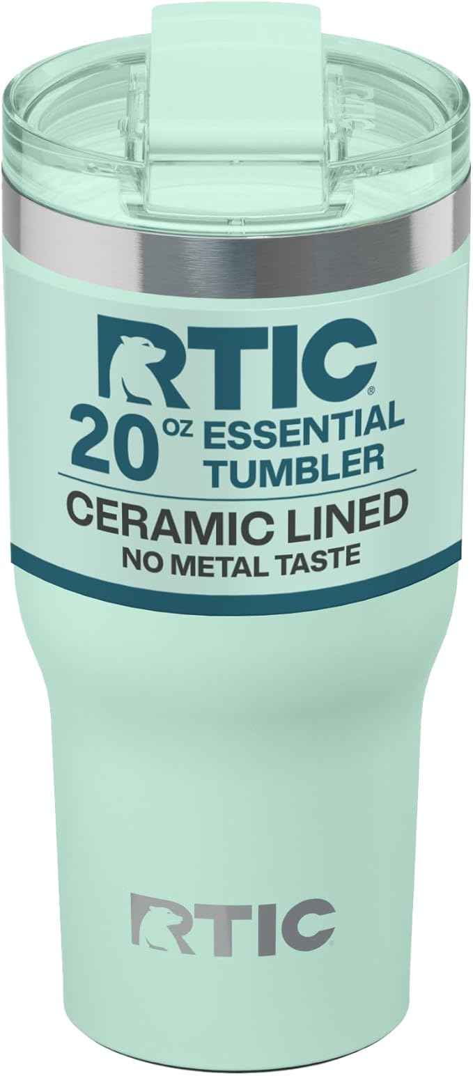 RTIC 20oz Essential Tumbler with Lid, Ceramic Lined, Insulated, Stainless Steel, Metal, Double Wall Vacuum-Insulation, Travel Cup for Iced Coffee, Tea, Hot and Cold Drink, Fresh Mint