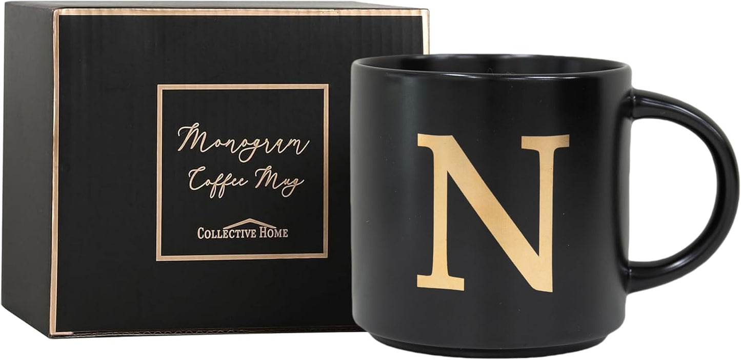 COLLECTIVE HOME - Monogram Ceramic Mugs, 15 oz Golden Initial Black Coffee Cups, Elegant Alphabet Tea Mugs, Elegant Personalized Mug with Gift Box, Unique Mug with Double Side Capital Lette (N)