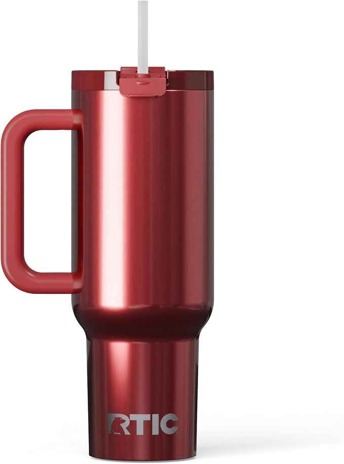 RTIC 40 oz Road Trip Tumbler Double-Walled Insulated Stainless Steel Portable Travel Coffee Mug Cup with Lid, Handle and Straw, Black Cherry Metallic