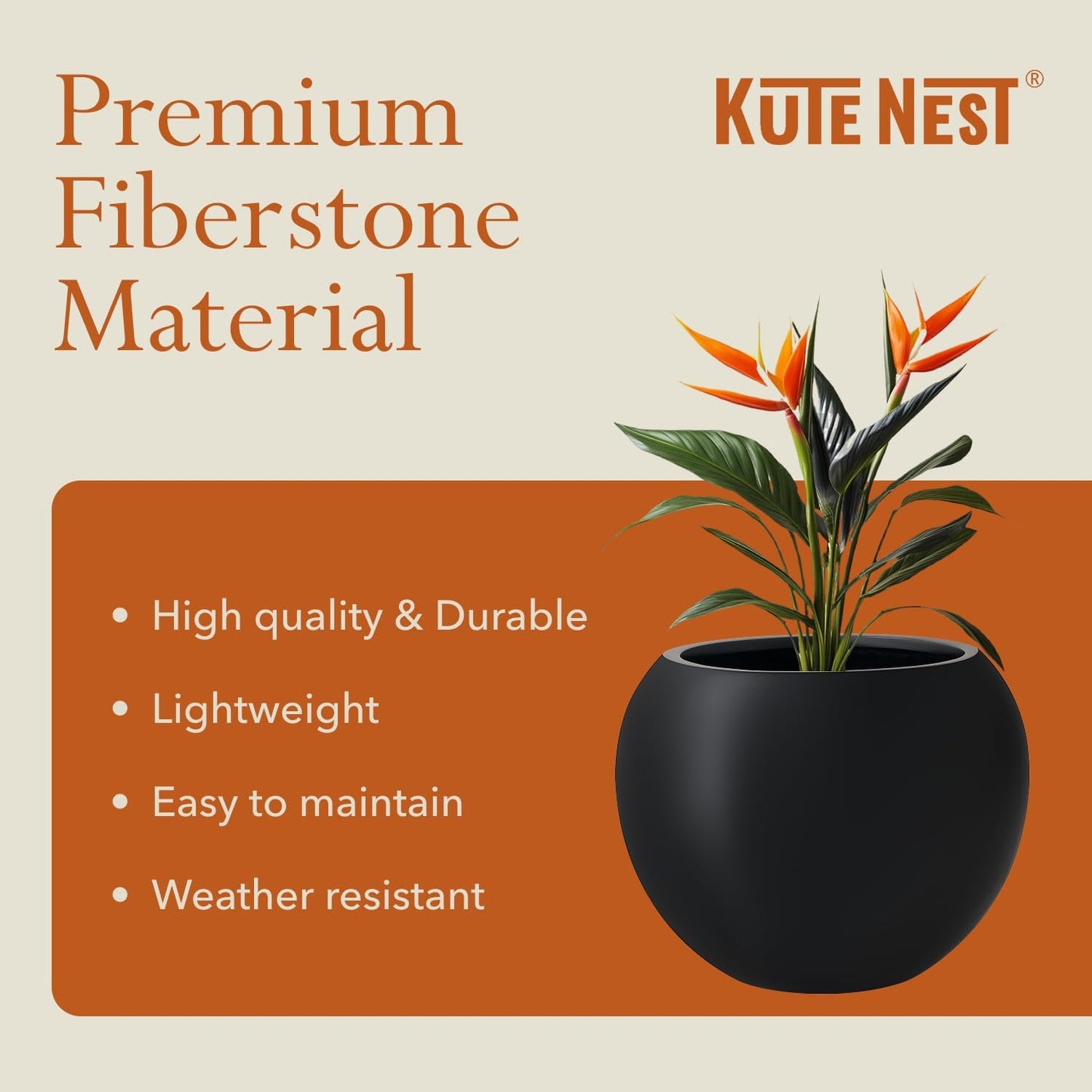 KUTE NEST 16" H x 20" D Premium Globo Fiberstone Round Planter with Drainage Hole, Smooth Finishes, Weather Resistant for Indoor and Outdoor Use, Included 2 Extra Coco Mats (Black, 13.5" Pot Opening)
