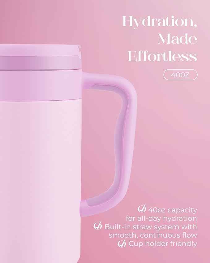 40 oz Insulated Tumbler with Handle and Push-Button Straw Lid, Stainless Steel Travel Cup for Gym Office, Leakproof, BPA-Free, Cup Holder Friendly, Bow Silicone Boot, Purple (Light Lilac)
