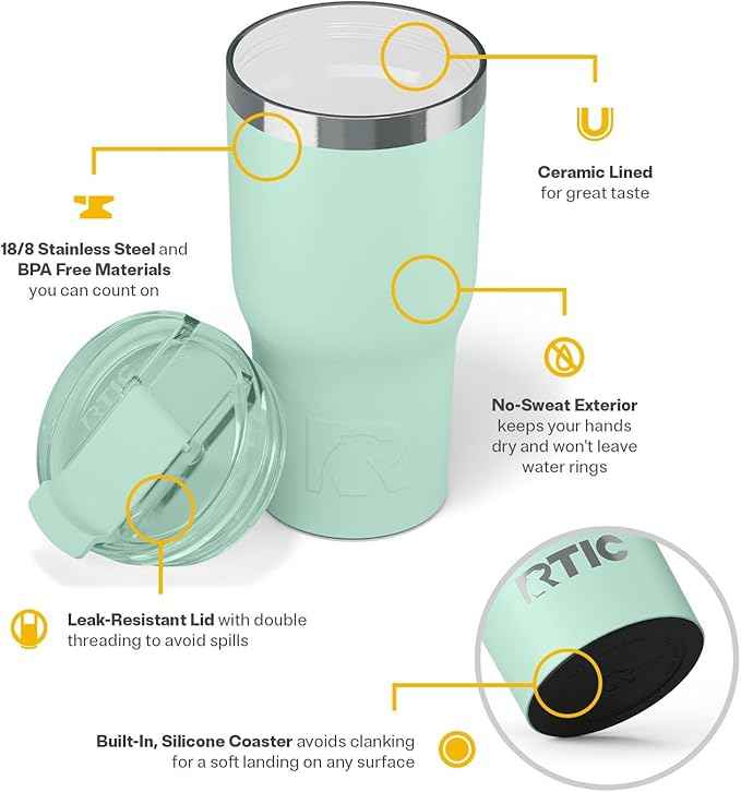 RTIC 20oz Essential Tumbler with Lid, Ceramic Lined, Insulated, Stainless Steel, Metal, Double Wall Vacuum-Insulation, Travel Cup for Iced Coffee, Tea, Hot and Cold Drink, Fresh Mint