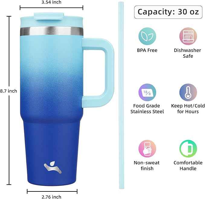 Konokyo 30 oz Tumbler with Handle and 2 Straws,2 in 1 Lid Insulated Water Bottle Stainless Steel Travel Coffee Mug,Sky