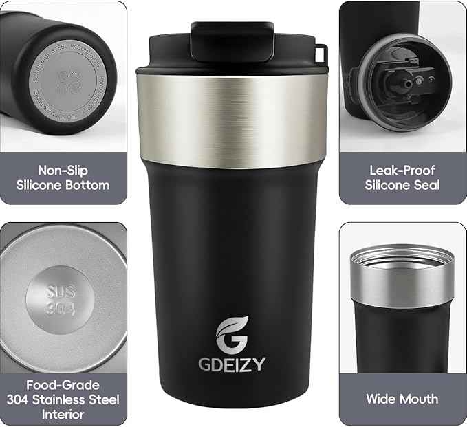 Insulated Coffee Mug, 17oz Stainless Steel Travel Mug with Flip-Top Straw Lid, Leak Proof Vacuum Insulated Tumbler, Reusable Coffee Cup for Hot & Cold Drinks, Black