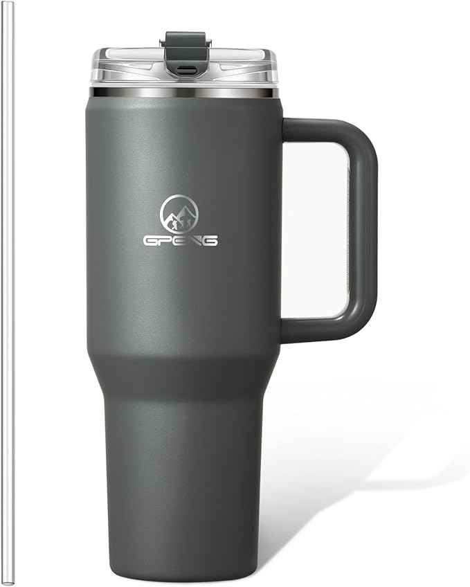 Gpeng 30/40/50 oz Tumbler with Handle, Water Bottles with Straw Lid, Insulated Stainless Steel Travel Mug Cup Holder Friendly, Keep Drinks Cold or Hot for Hours (LightGrey, 40 oz)