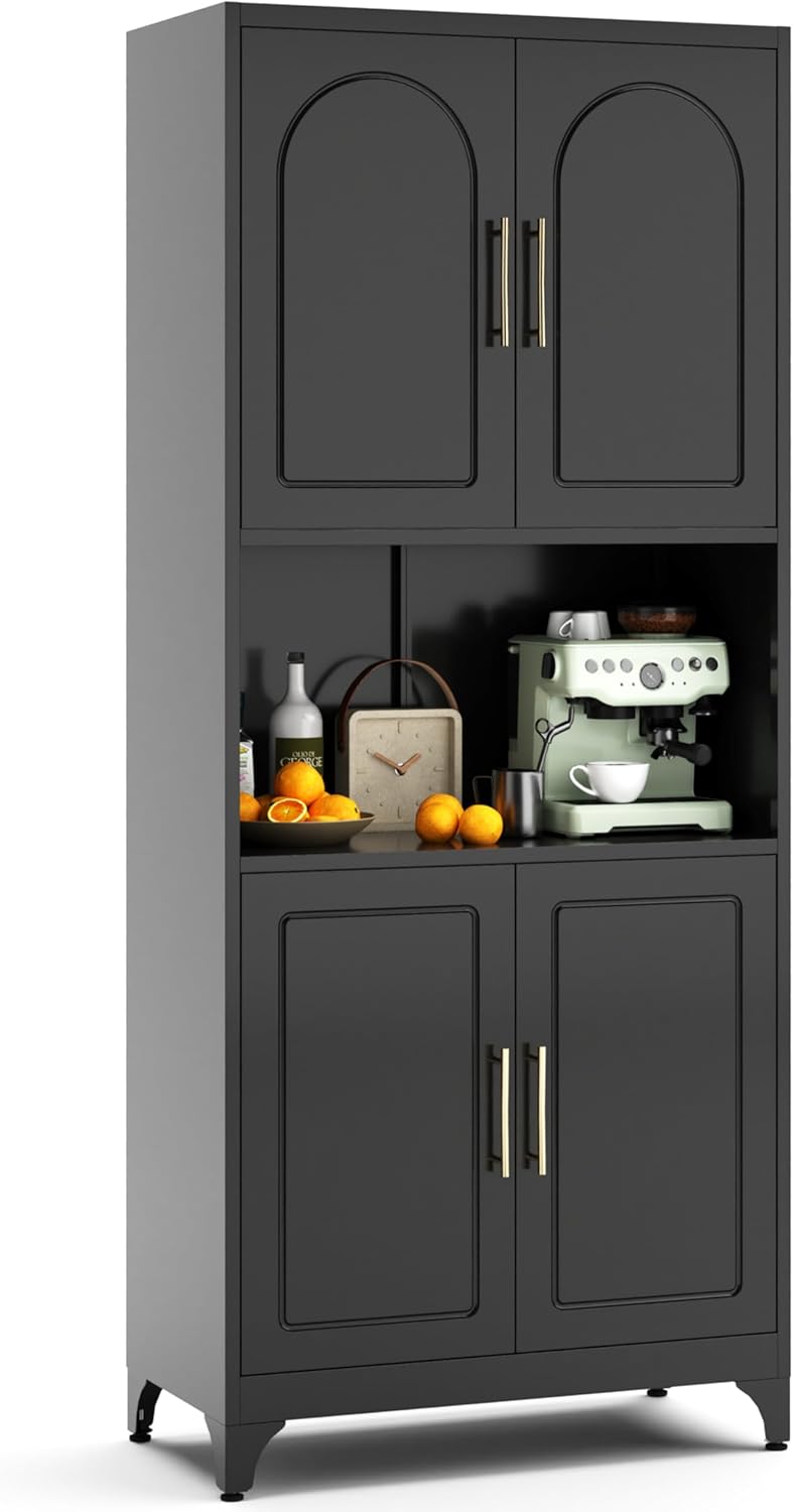 75" Tall Kitchen Pantry Storage Cabinet, Metal Storage Cabinets with 4 Doors and Adjustable Shelves, Black Kitchen Hutch Cabinet with Microwave Stand, Large Cupboard for Dining Living Room