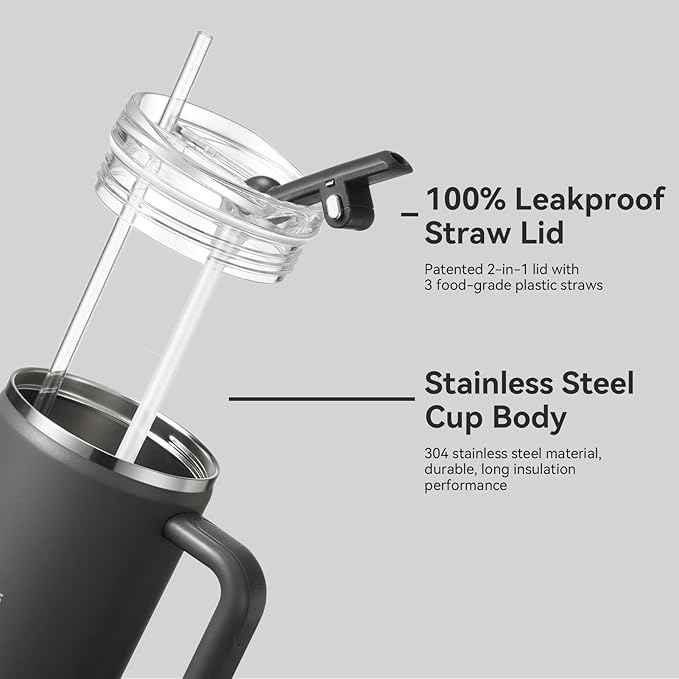 Gpeng 30/40/50 oz Tumbler with Handle, Water Bottles with Straw Lid, Insulated Stainless Steel Travel Mug Cup Holder Friendly, Keep Drinks Cold or Hot for Hours (LightGrey, 40 oz)