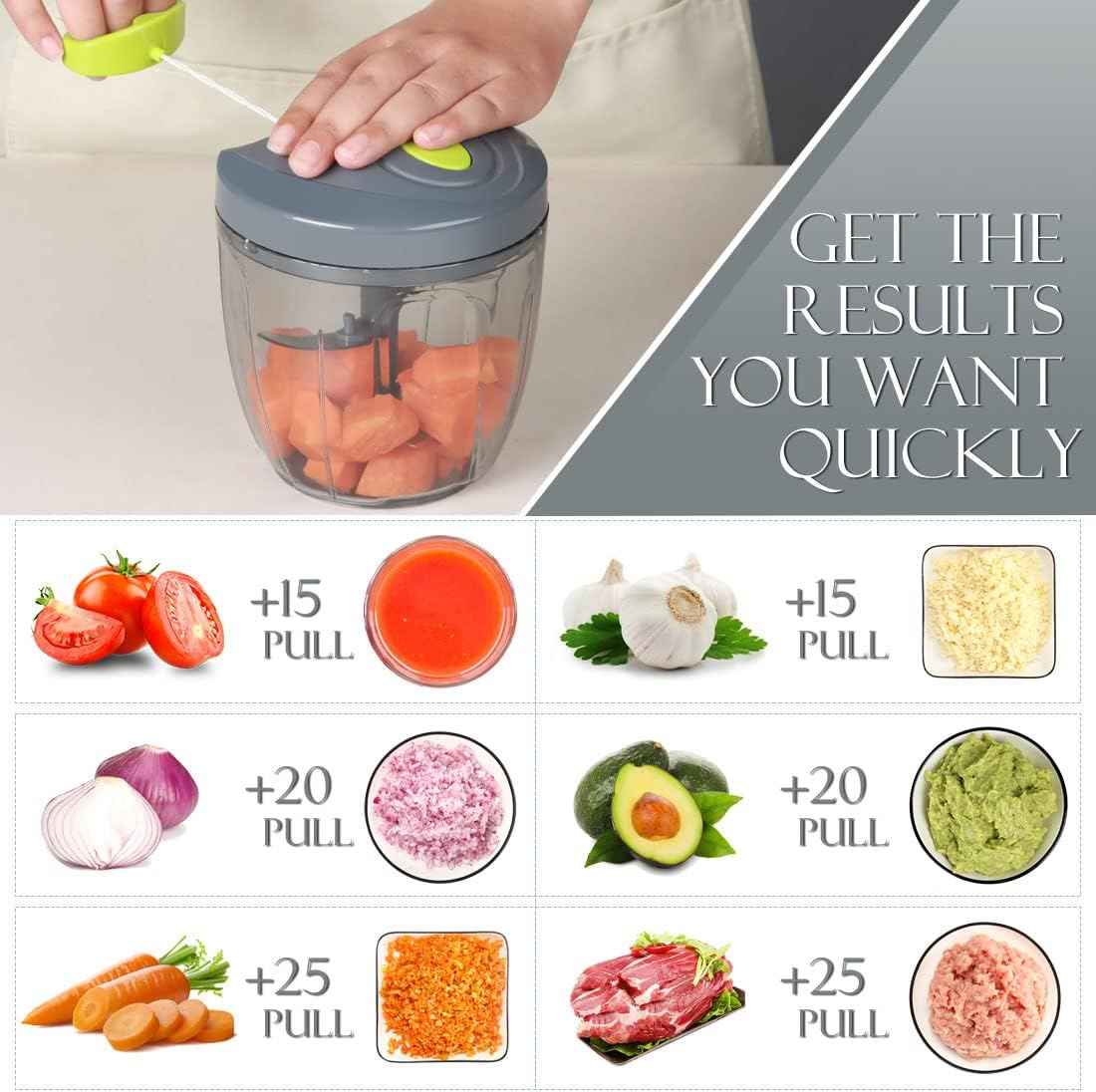 Ourokhome Manual Food Processor Vegetable Chopper, Portable Hand Pull String Garlic Mincer Onion Cutter for Veggies, Ginger, Fruits, Nuts, Herbs, etc., 900ml, Grey