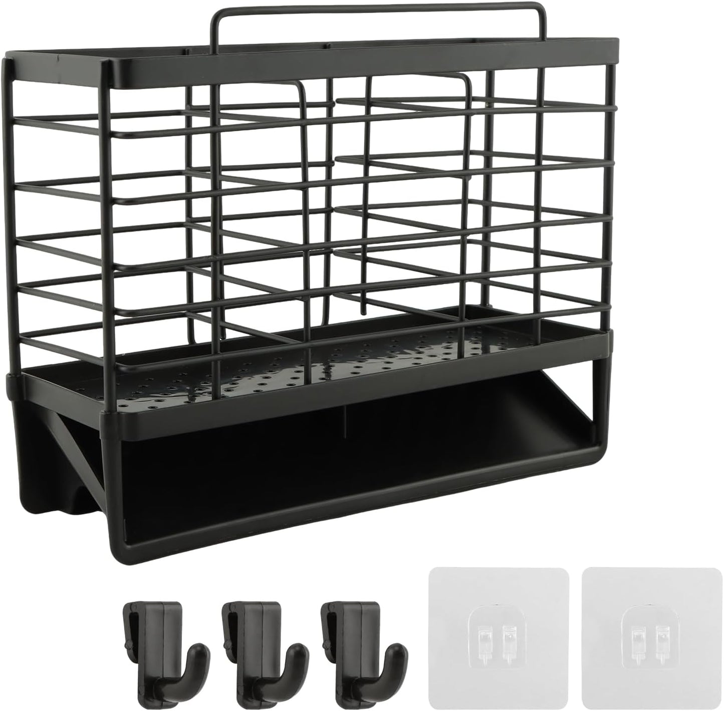 3-Compartment Dish Drying Rack for Kitchen, Carbon Steel Utensil Holder with Drain Tray, Utensil Caddy Organizer for Knives, Forks, Spoons, Chopsticks, Wall Mount or Countertop(COLOR:Black)
