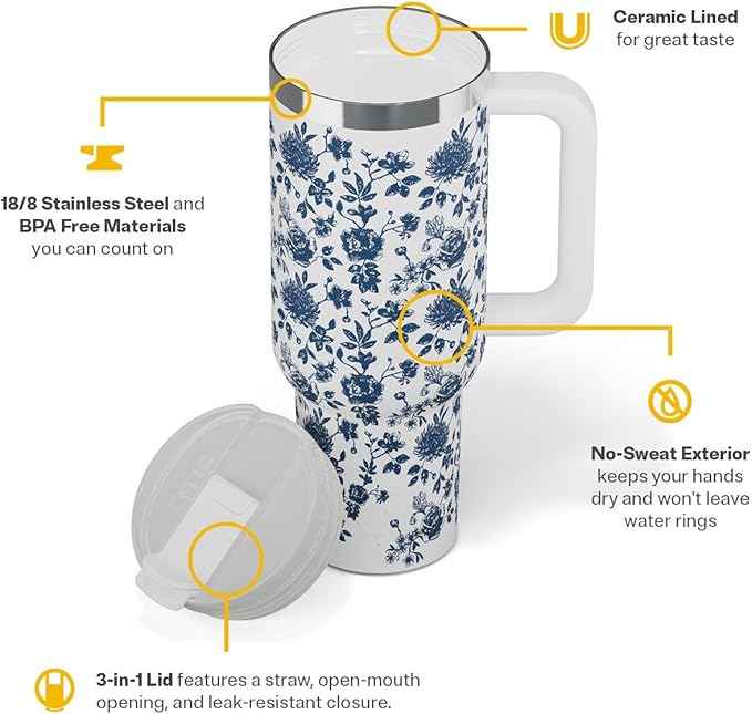 RTIC 40 oz Road Trip Tumbler Double-Walled Cermaic Lined Insulated Stainless Steel Portable Travel Coffee Mug Cup with Lid, Handle and Straw, Blue Bouquet