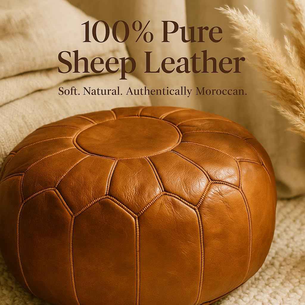 Moroccan Ottoman Leather Pouf – Luxurious Boho Decor for Living Room, Bedroom, or Lounge Seating | Handmade Comfort & Style