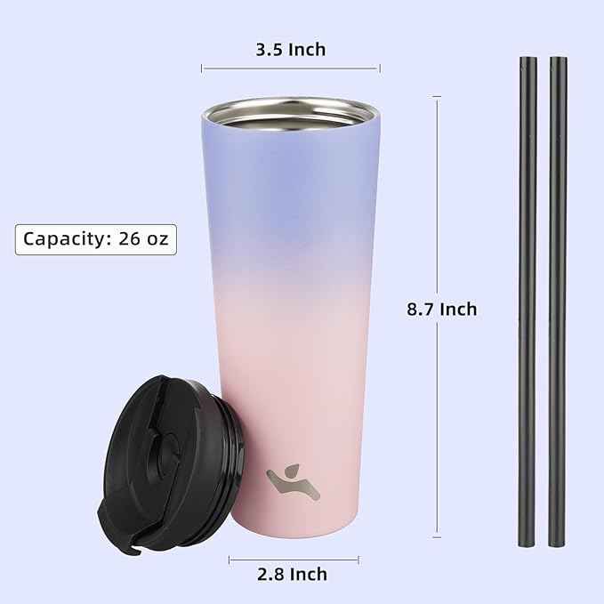 Konokyo 26 OZ Insulated Tumbler with Lid and 2 Straws Stainless Steel Water Bottle Vacuum Travel Mug Coffee Cup,Pastel Sunset