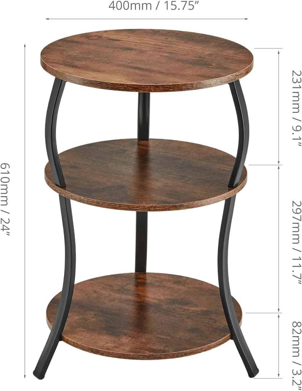 Round Side Table, 3-Tier End Table with Storage Shelf for Narrow and Small Spaces, Round Sofa Table Vintage Corner Tables for Living Room,Bedroom Nightstand/Rustic Brown