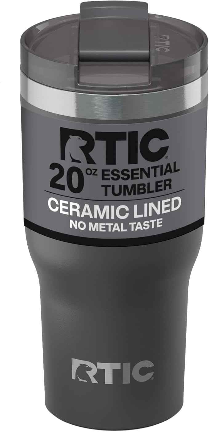 RTIC 20oz Essential Tumbler with Lid, Ceramic Lined, Insulated, Stainless Steel, Metal, Double Wall Vacuum-Insulation, Travel Cup for Iced Coffee, Tea, Hot and Cold Drink, Graphite