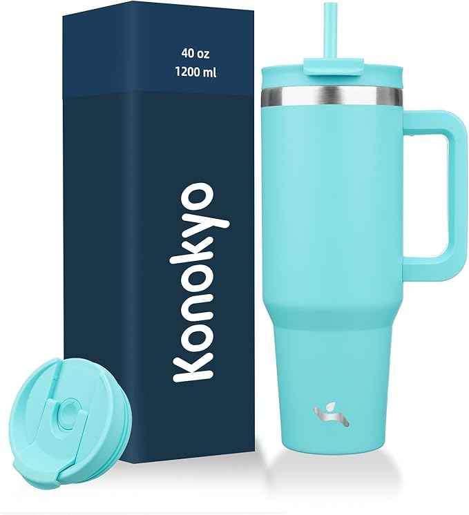 Konokyo 40 oz Tumbler with Handle and 2 Straws,2 in 1 Lid Insulated Water Bottle Stainless Steel Travel Coffee Mug,Turquoise