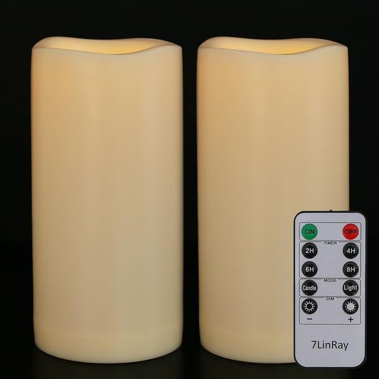 4" x 8" Large Outdoor Flameless Candles with Remote and Timer, Waterproof Battery Operated Flickering LED Pillar Candles for Home, Lantern, Porch, Ivory, 2 Pack