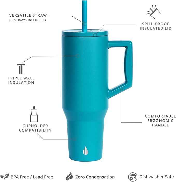 Elemental 40 oz Tumbler with Handle and Straw - Spill Proof Insulated Stainless Steel Commuter for Cold Beverages - Travel Coffee Mug with 2 Straws & Spill Proof Lid - 40oz - Teal