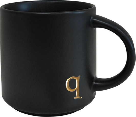 COLLECTIVE HOME - Black Monogram Ceramic Mugs, 15 oz Golden Initial Coffee Cups, Elegant Alphabet Tea Mugs, Personalized Halloween Mug with Gift Box, Perfect for Office and Home Décor (q)