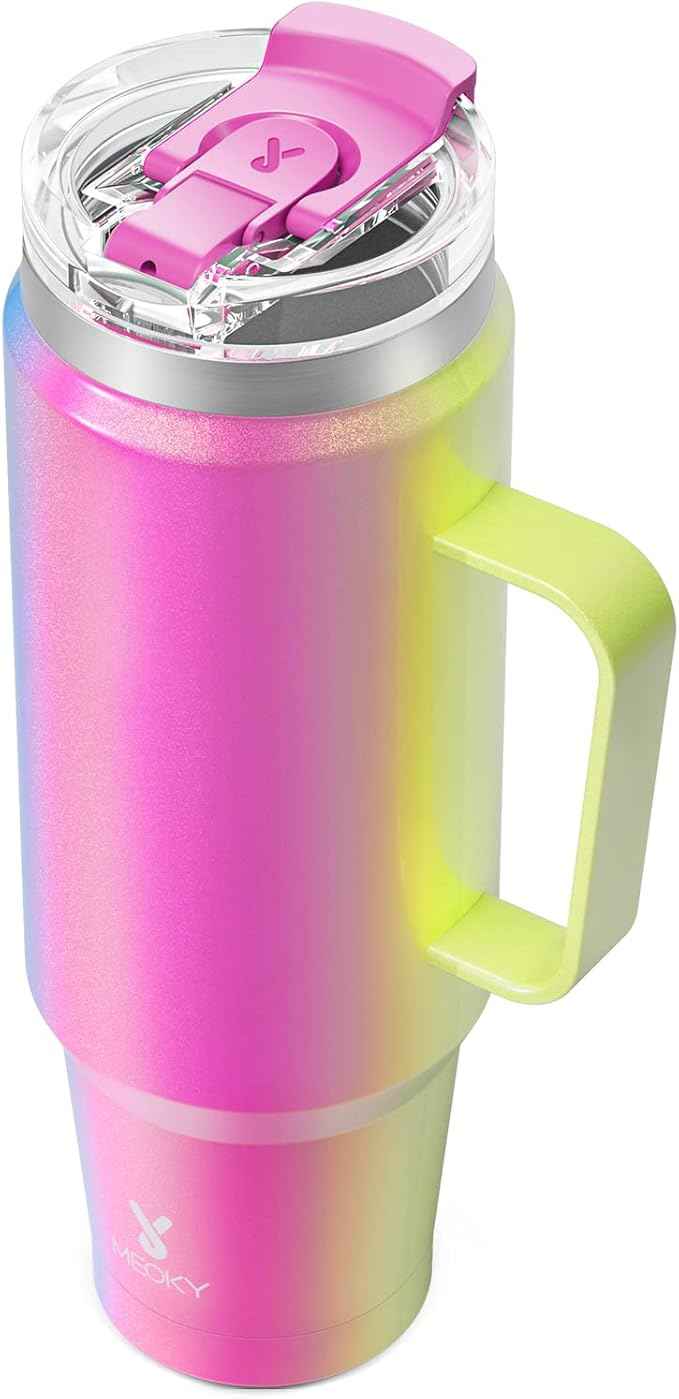 Meoky 40oz Tumbler with Handle, Stainless Steel Travel Mug with 2-in-1 Straw and Sip Lid, Vacuum Insulated Coffee Mug, 100% Leak Proof, Keeps Cold for 34 Hours or Hot for 10 Hours (Carnival)