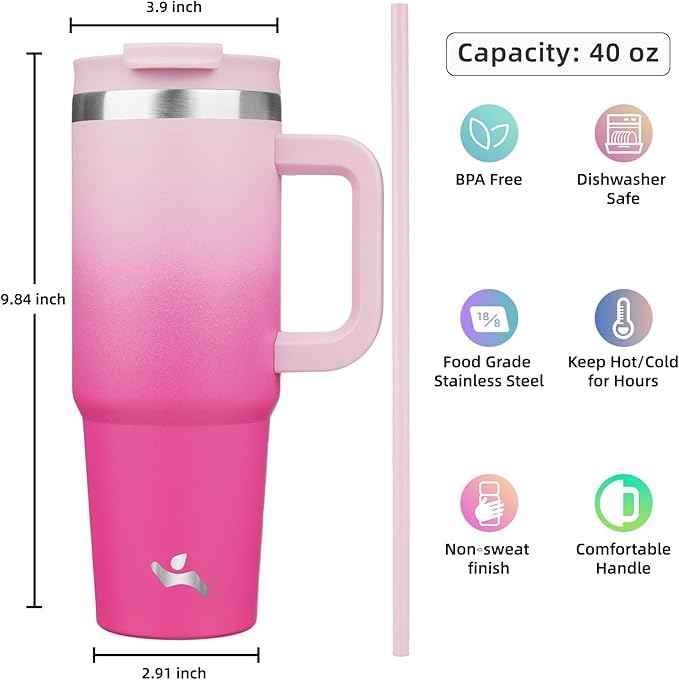 Konokyo 40 oz Tumbler with Handle and 2 Straws,2 in 1 Lid Insulated Water Bottle Stainless Steel Travel Coffee Mug,Cherry Blossoms