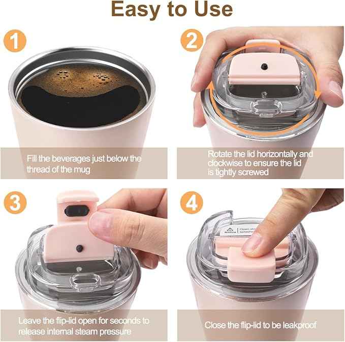 PHILORN Pink Coffee Tumbler - 12 OZ Insulated Coffee Mug With Lid, Leak Proof Thermo Cup for Hot and Iced Drinks, Stainless Steel Vacuum Pink Cup with Double Wall