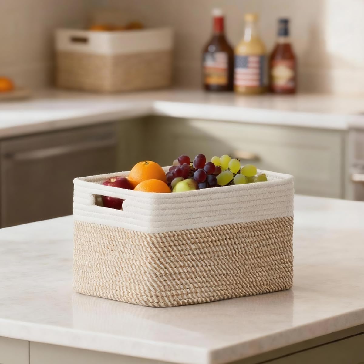 5 Pack Woven Storage Baskets for Shelves, Decorative Basket Organizer Storage Bins for Toys, Books, Clothes, Closet, Nursery, Bathroom – Cotton Rope Shelf Baskets for Organizing, Khaki & White