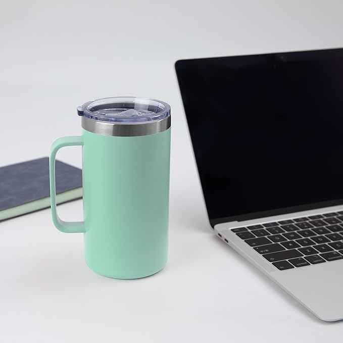 DOMICARE 24oz Mug with Handle and Lid, Stainless Steel Coffee Mug, Reusable Insulated Cup, Travel Mug with Handle, Double Wall Vacuum Coffee Tumbler for Men and Women, Mint Green, Pack 1