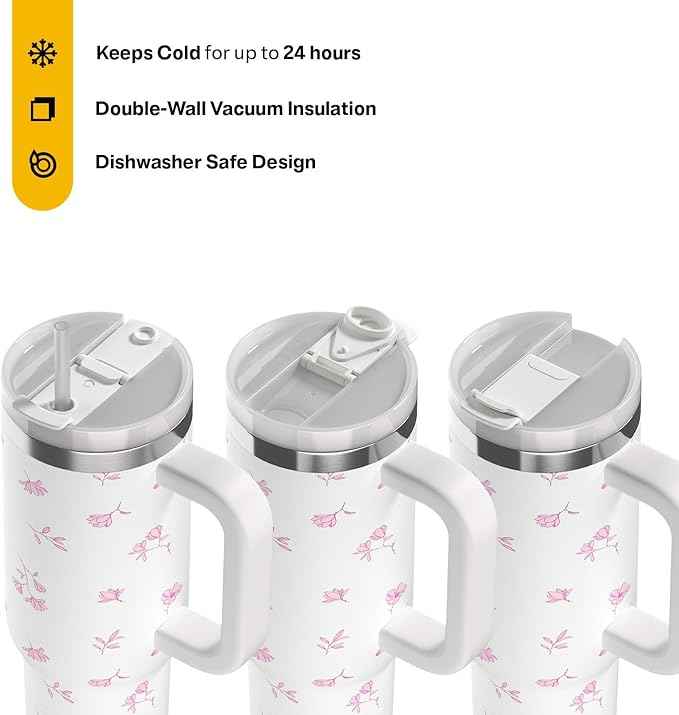 RTIC 30 oz Road Trip Tumbler Double-Walled Ceramic Lined InsulatedStainless Steel Portable Travel Coffee Mug Cup with Lid, Handle and Straw, Pink Magnolias