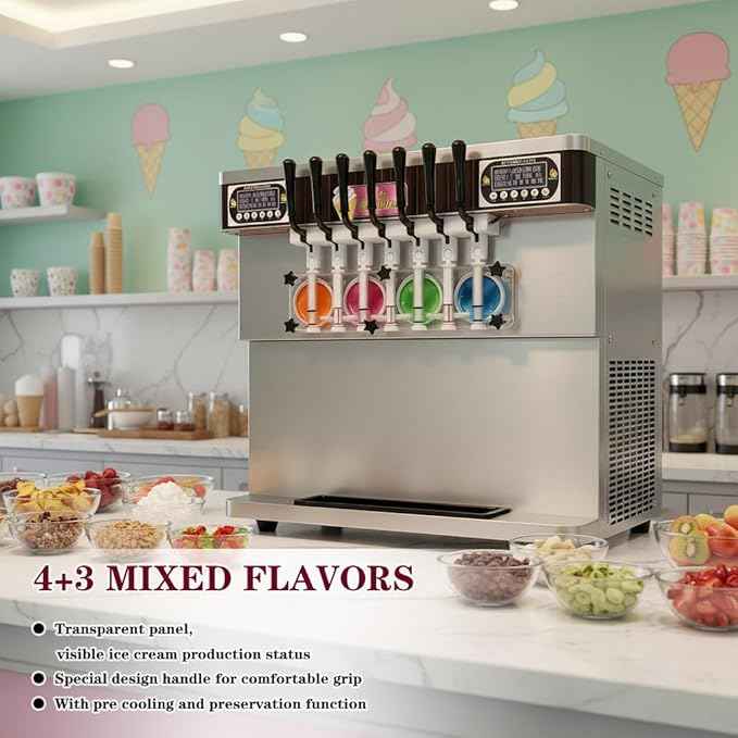 17 Gal/H Commercial Soft Ice Cream Machine,Heavy Duty 4+3 Mixed Flavors Frozen Yogurt Soft Serve Ice Cream Maker,3800W Serve Yogurt Maker,For Restaurant Snack Bar