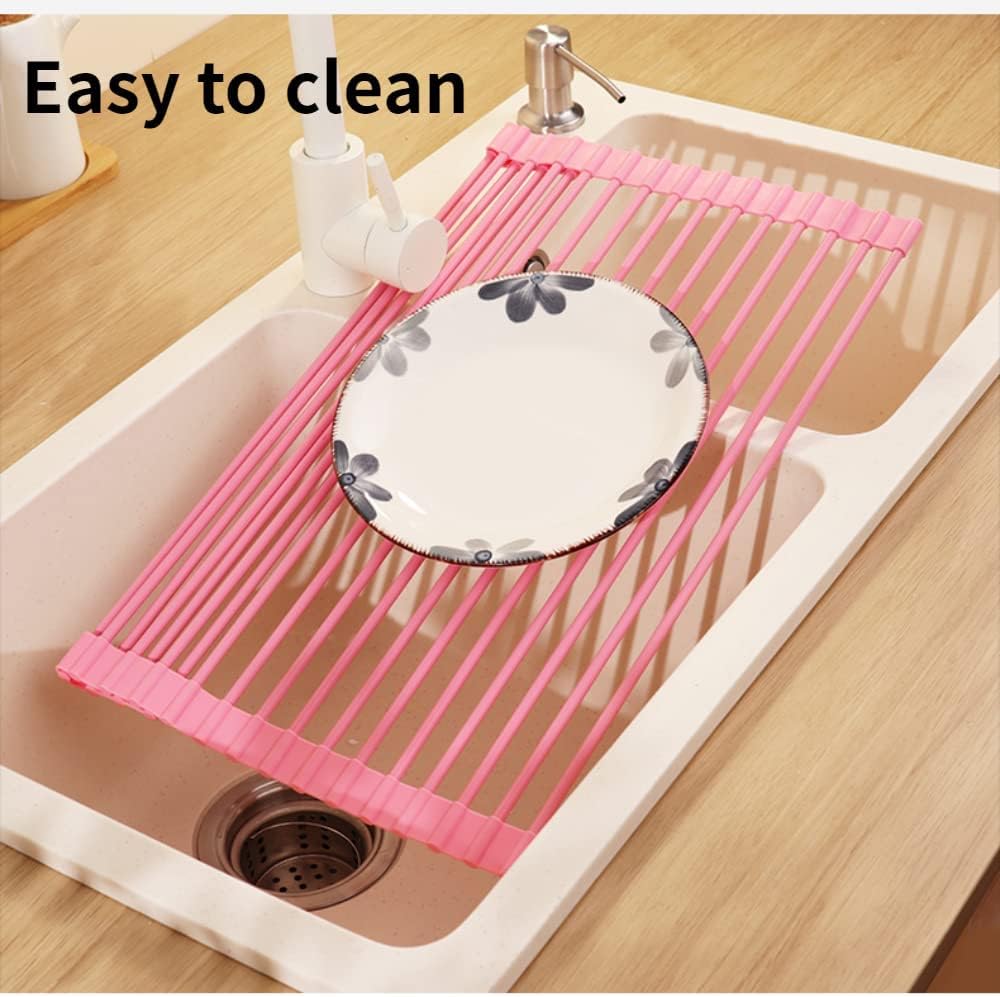 BeyondNice Roll Up Dish Drying Rack, Sink Drying Rack Over Sink Dish Drying Rack Stainless Steel Foldable Drain Rack for Kitchen Sink Counter Utensils Vegetables and Fruits (Large, Black)