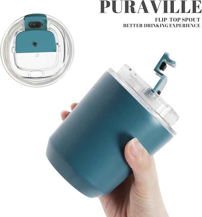 Puraville 2 Pack Insulated Tumblers with Lid, 10 oz Travel Coffee Mug Stainless Steel Vacuum Cup, Leak Proof Double Walled Coffee Tumbler for Iced and Hot Drinks, Peacock Blue and Cream