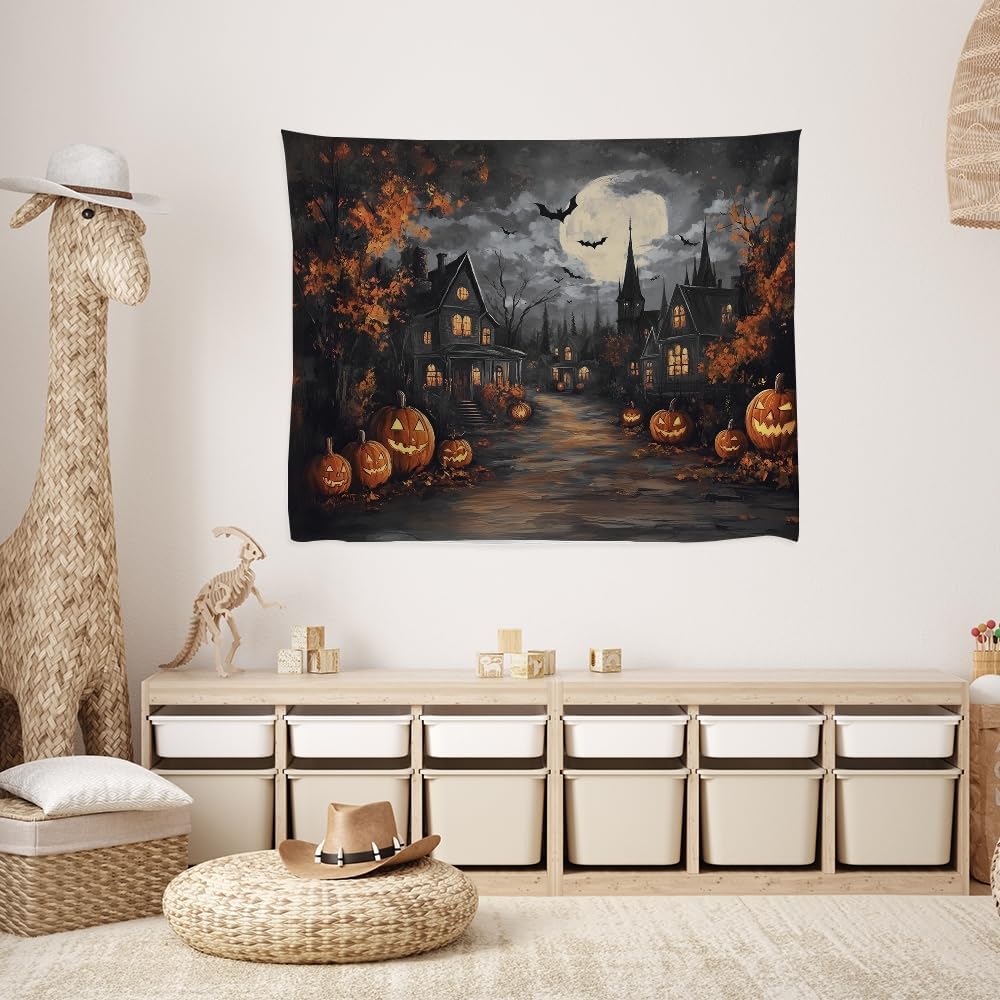 Spooky Halloween Tapestry Haunted Home Bats Pumpkin Tapestry Wall Hanging Dark Academia Fall Full Moon Decor Gothic Ghost Tapestries for bedroom Living Room Decoration 30x40inch