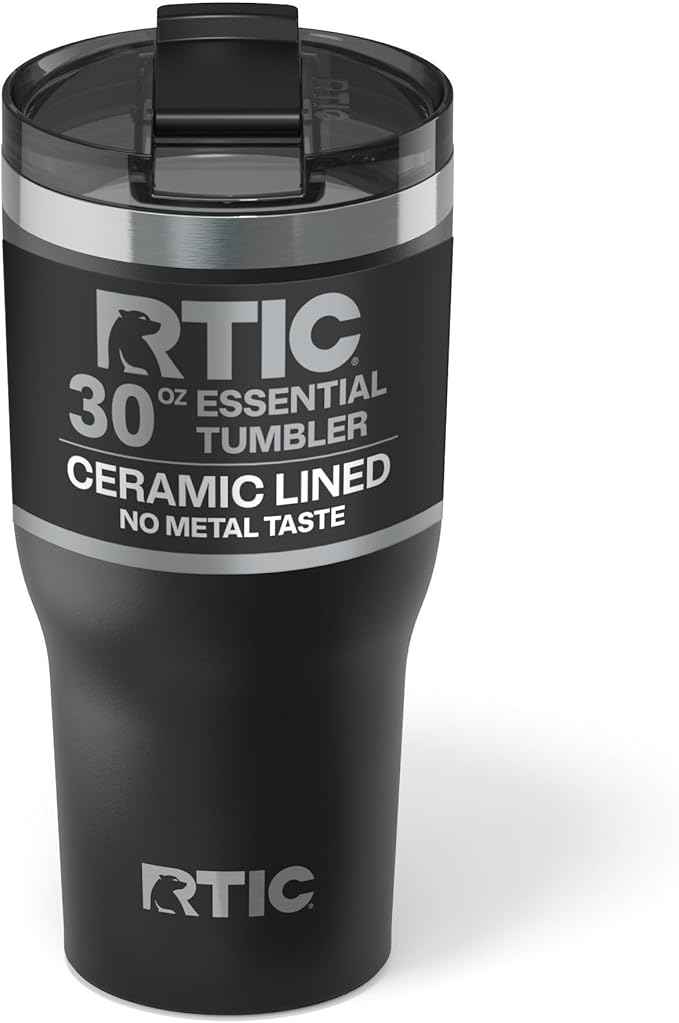 RTIC 30oz Essential Tumbler with Lid, Ceramic Lined, Insulated, Stainless Steel, Metal, Double Wall Vacuum-Insulation, Travel Cup for Iced Coffee, Tea, Hot and Cold Drink, Black