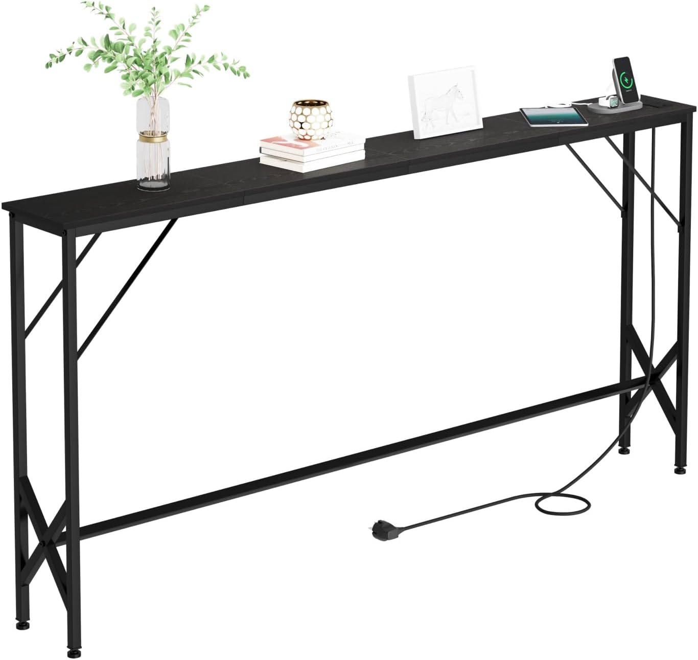 63'' Console Table, Skinny Entryway Table with Fast-Charging Station, Narrow Long Sofa Table, Behind Slim Couch Table for Entrance, Hallway, Living Room Decor ST-BK160-1
