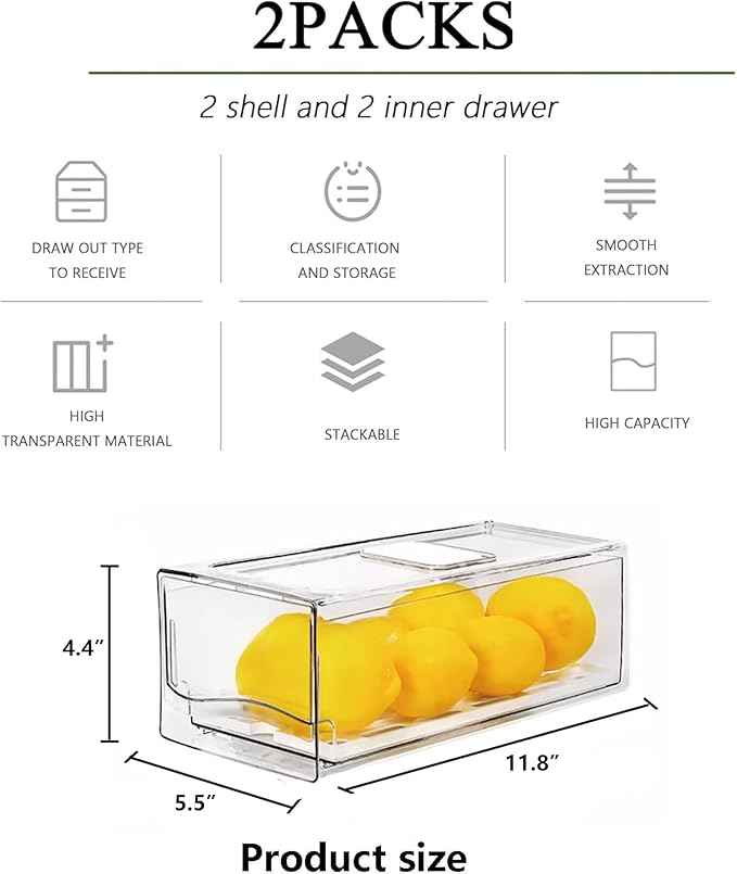 bealy 2 Pack Fruit Storage Containers for Fridge with Strainer, BPA-Free Fridge Organizers and Storage, Stackable Clear Pull Out Refrigerator Organizers Drawer for Fruit,Vegetable,Produce,Berry,Food