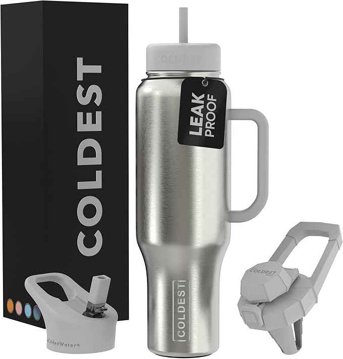 Coldest Tumbler with Handle and Straw - 100% Leak Proof Insulated Tumbler with Lid and Straw (3 Lids) - Stainless Steel Tumblers for Women & Men, Cup Holder Friendly Base, 46 oz (Polished Steel)