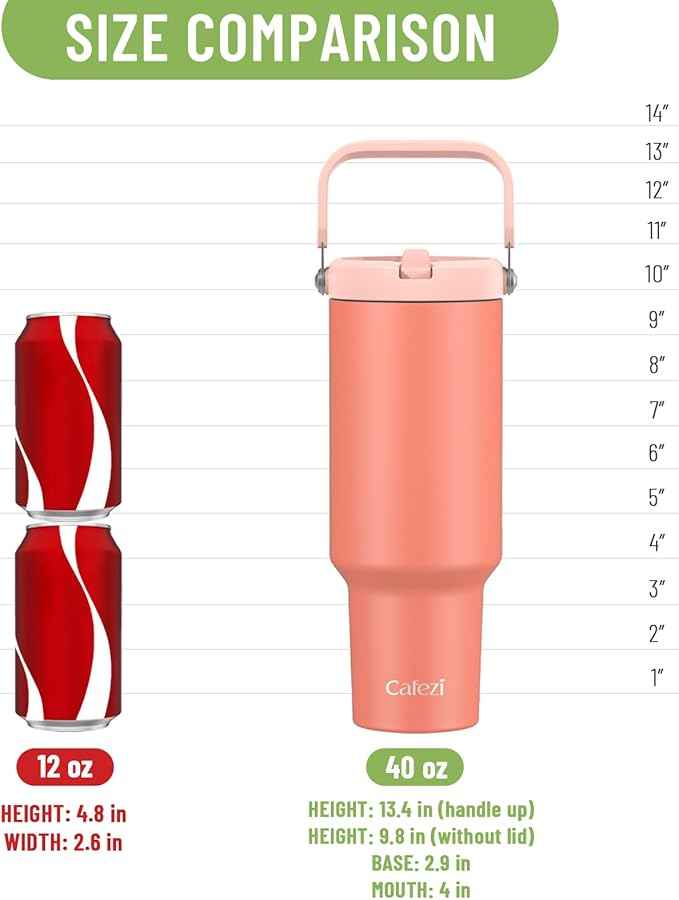 40 oz Insulated Tumbler with Top Handle and Flip Straw, Vacuum Insulated Stainless Steel Cup, Sweat-Free, Fits Cup Holder, Keeps Drinks Cold up to 30 Hours